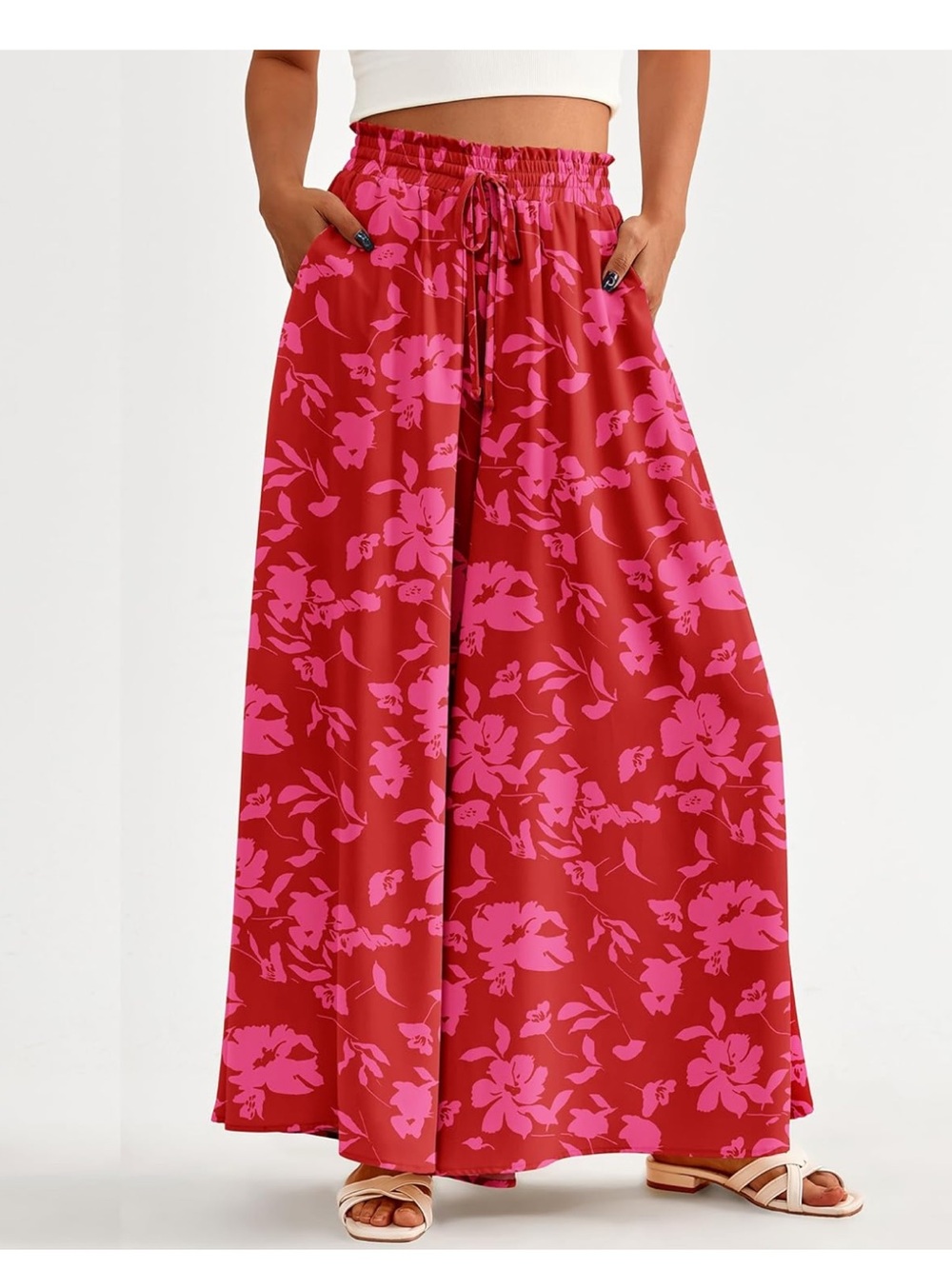 Wide Leg Floral Pants in Pink on Red - Lightweight Summer Palazzo